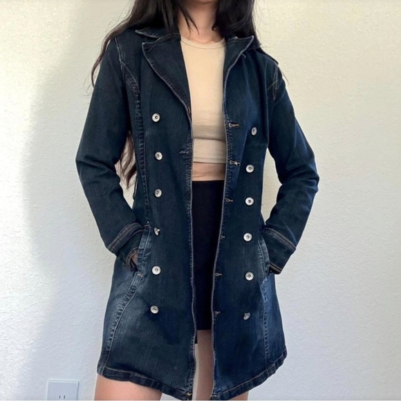 VtgjouJou Premium Denim Blue Jean Double Breasted Trench Coat Womens .Wide Lapel - Picture 4 of 8